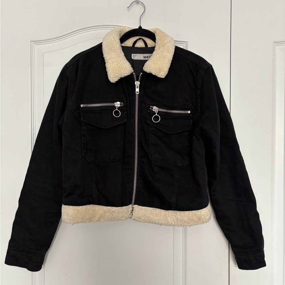 Topshop Denim Black Bomber Jacket with Cream Trim